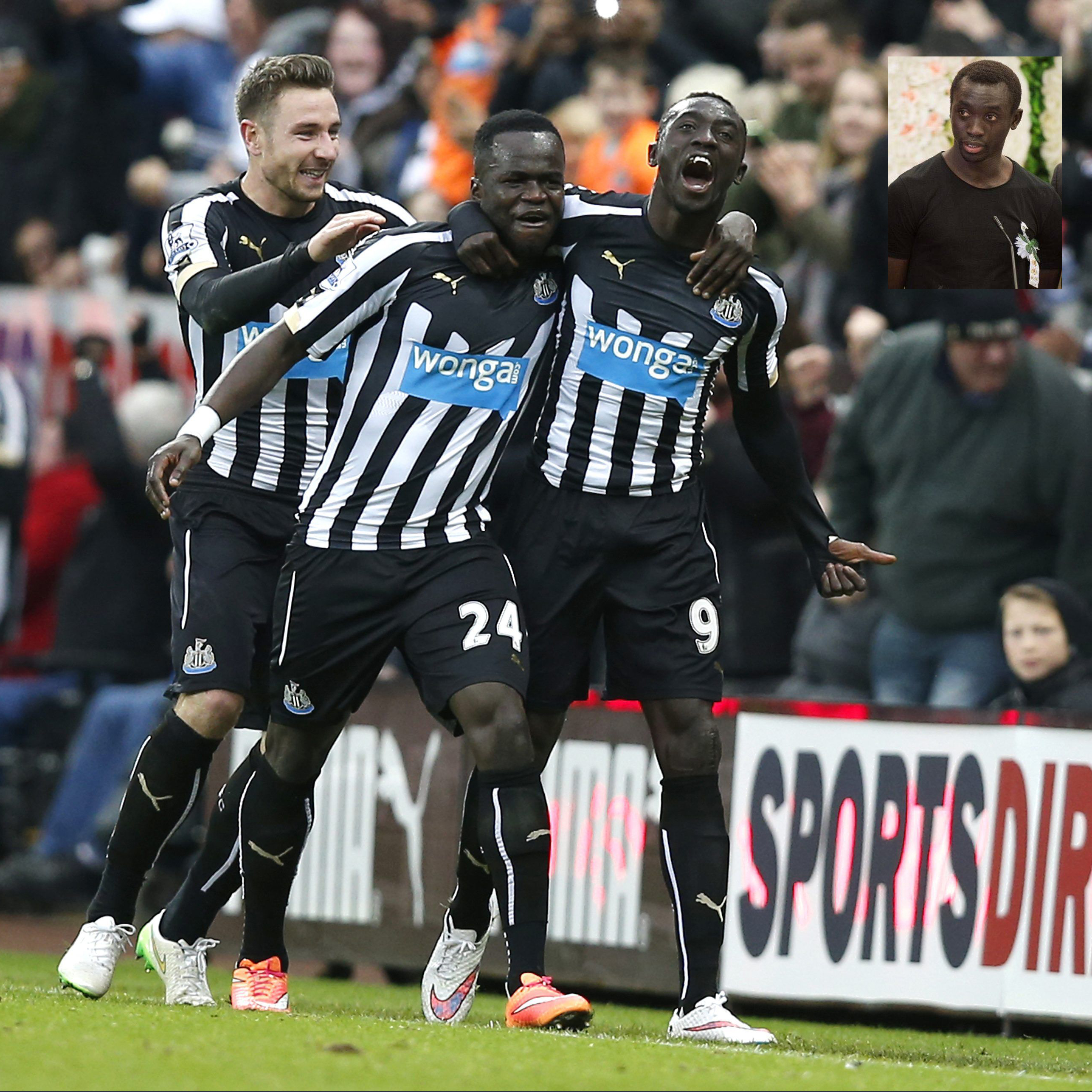 Newcastle United's Papiss Demba Cisse (R) celebrates after scoring the opening goal with Cheik Ismael Tiote during their English Premier League soccer match against Chelsea at St James' Park in Newcastle, northern England December 6, 2014. REUTERS/Andrew Yates (BRITAIN - Tags: SPORT SOCCER) NO USE WITH UNAUTHORIZED AUDIO, VIDEO, DATA, FIXTURE LISTS, CLUB/LEAGUE LOGOS OR "LIVE" SERVICES. ONLINE IN-MATCH USE LIMITED TO 45 IMAGES, NO VIDEO EMULATION. NO USE IN BETTING, GAMES OR SINGLE CLUB/LEAGUE/PLAYER PUBLICATIONS. FOR EDITORIAL USE ONLY. NOT FOR SALE FOR MARKETING OR ADVERTISING CAMPAIGNS