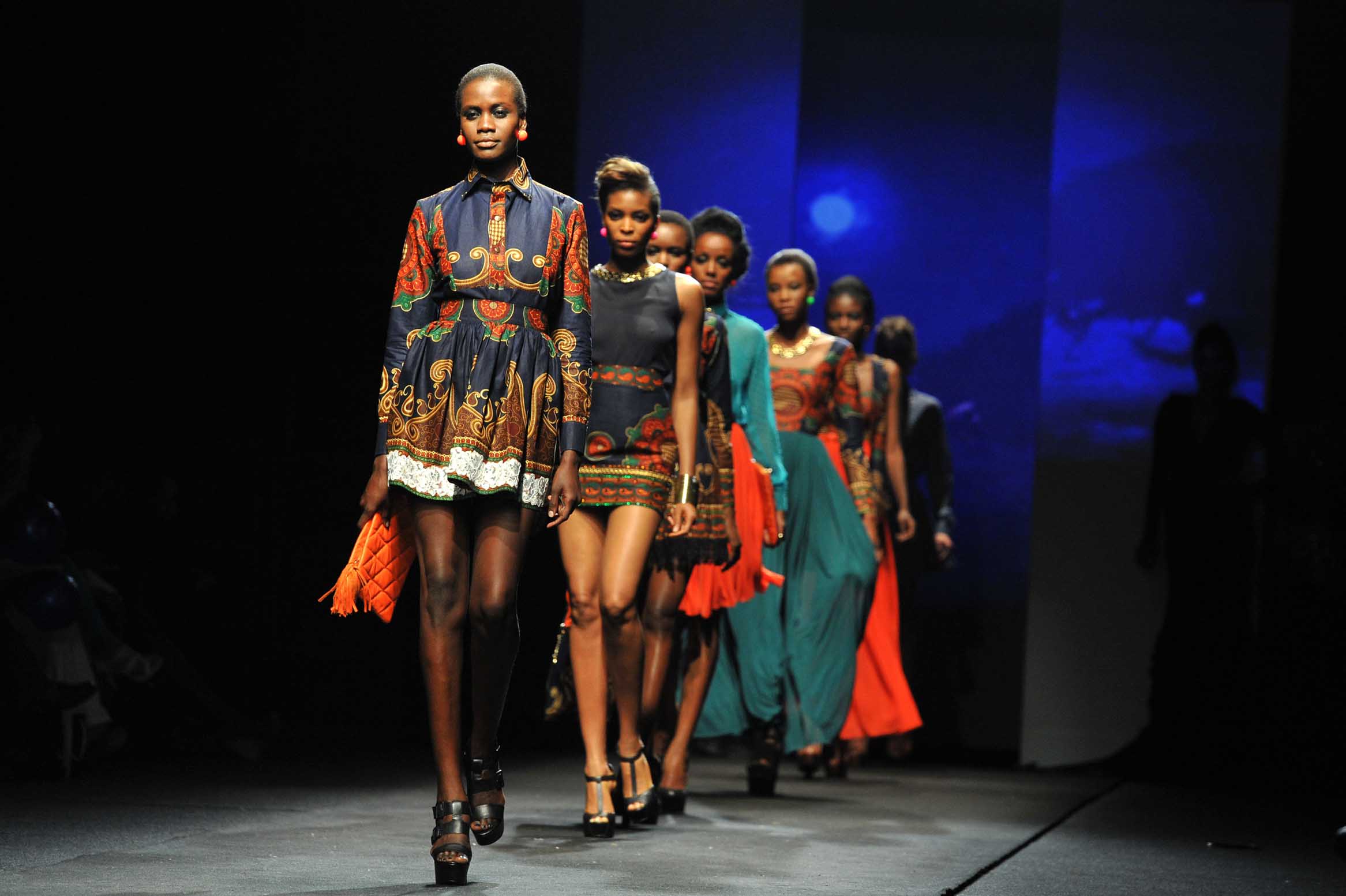 A model presents a creation by the Taibo Bacar fashion house during African Fashion Week at Melrose Arch in Johannesburg. Picture: IHSAAN HAFFEJEE (27.10.2012)